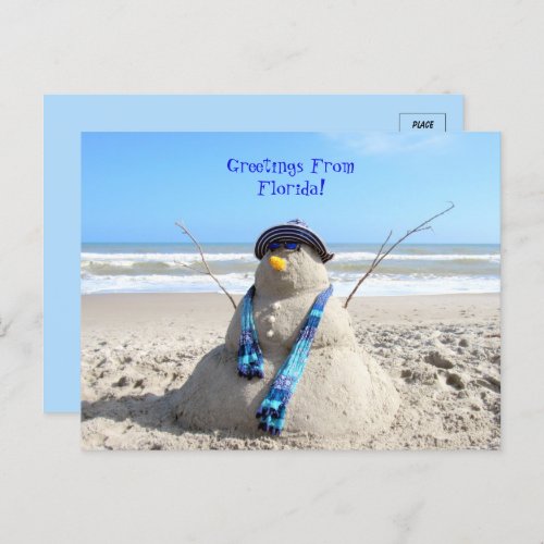 Greetings From Florida Beach Snowman  Postcard