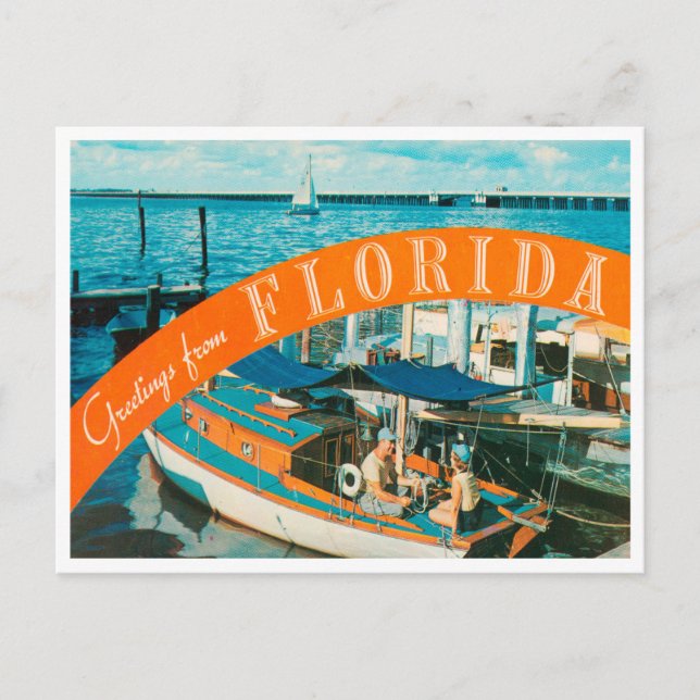 Greetings from Florida Boat Vintage Travel Postcard (Front)