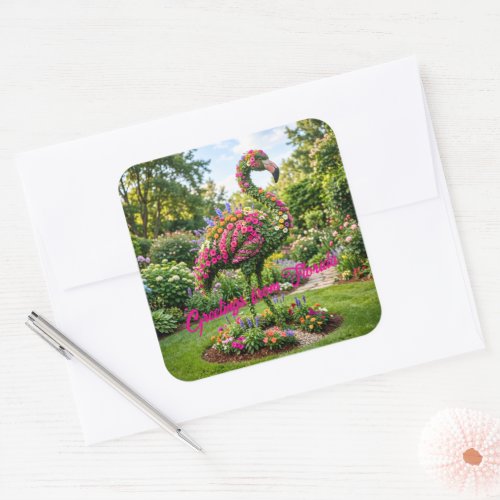Greetings from Florida Tropical Flamingo Topiary Square Sticker