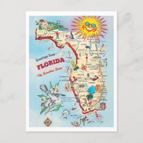 Greetings from Florida Vintage Attractions Map Postcard