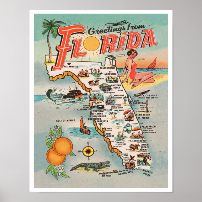 Greetings from Florida vintage map of Florida Poster (Front)