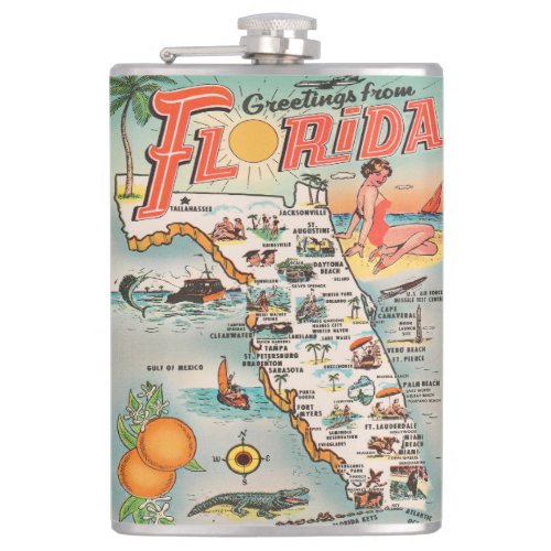 Greetings from Florida vintage tourist map Flask