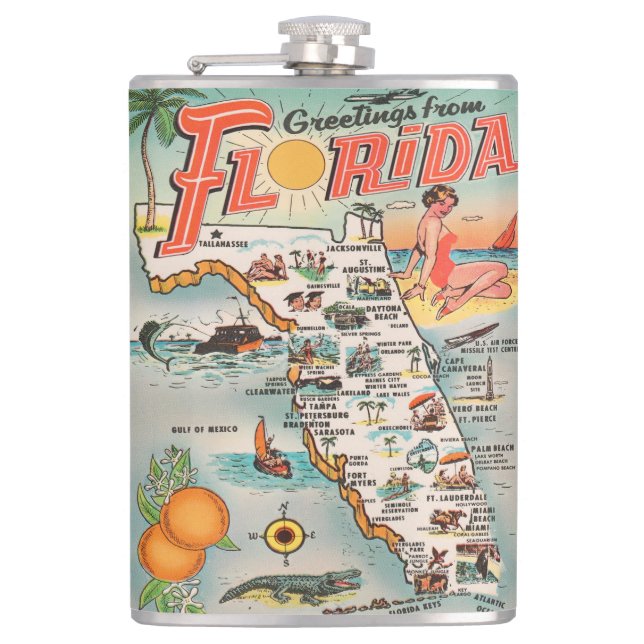 Greetings from Florida vintage tourist map Flask (Front)