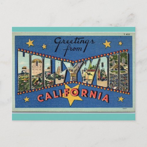 Greetings from Hollywood California vintage travel Postcard