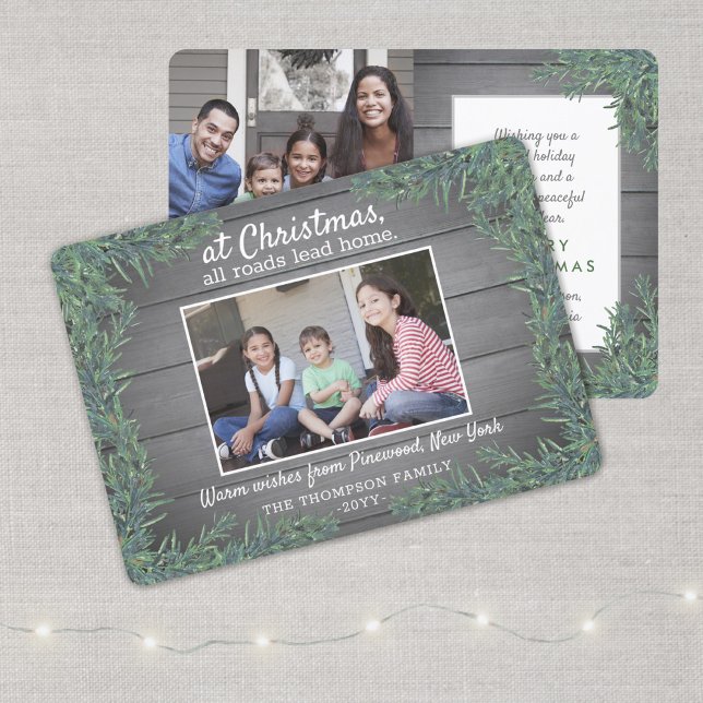 Greetings From Home Christmas Greenery Wood Photo Holiday Card (Creator Uploaded)