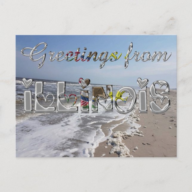 Greetings from Illinois State Flag Hearts USA Postcard (Front)