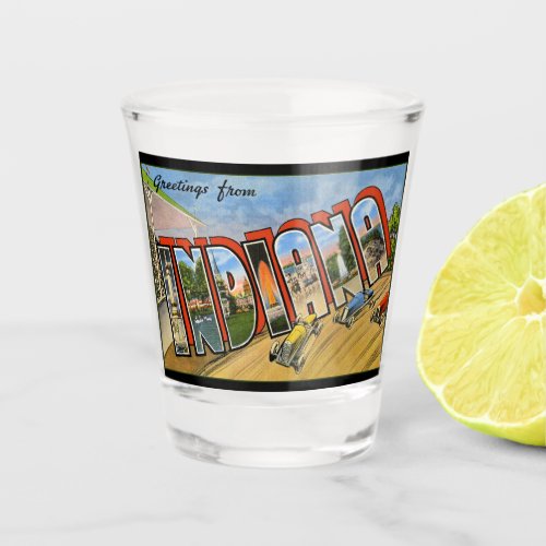Greetings from Indiana Retro Postcard Speedway Shot Glass