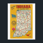 Greetings from Indiana Vintage Map Postcard<br><div class="desc">This is a reproduction of a vintage "Greetings from Indiana,  the Hoosier State" postcard featuring a map of the state and its flag,  seal,  state flower,  and state bird.</div>