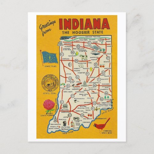 Greetings from Indiana Vintage Map Postcard