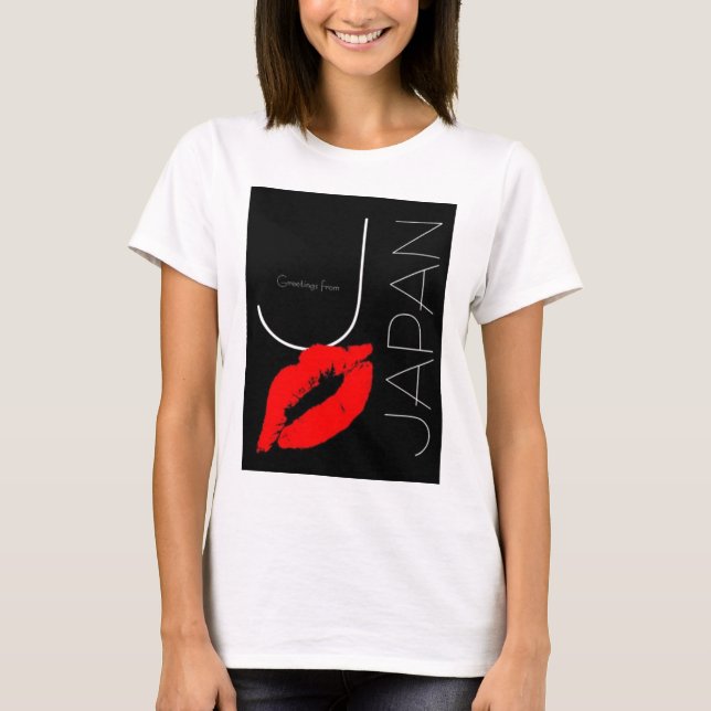 Greetings from Japan Red Lipstick Kiss Black T-Shirt (Front)