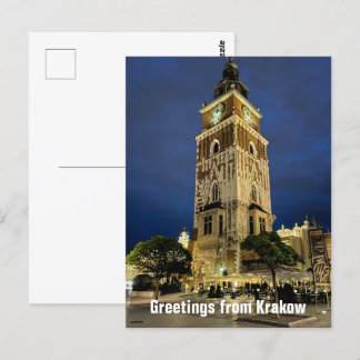Greetings from Krakow Town Hall Tower Night Poland Postcard