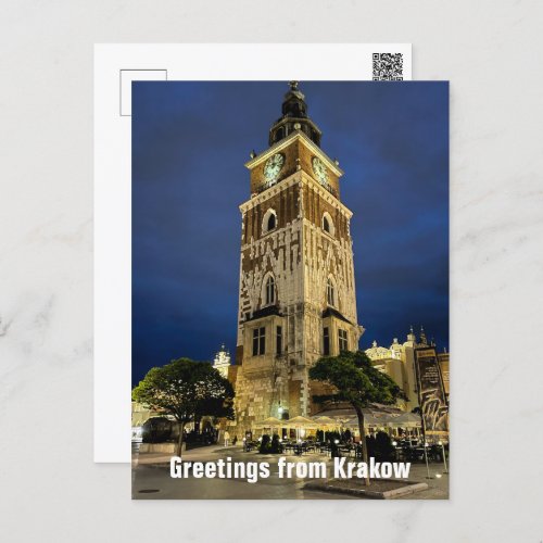 Greetings from Krakow Town Hall Tower Night Poland Postcard