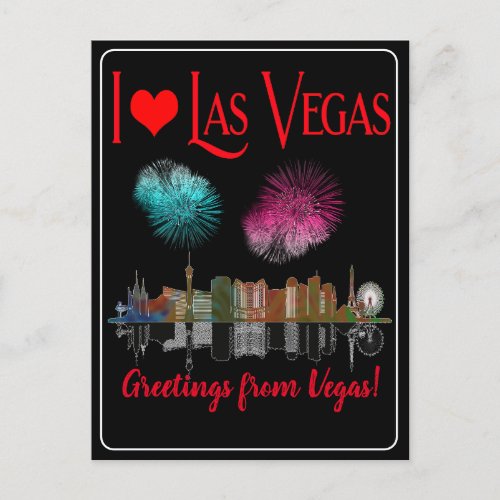 Greetings From Las Vegas at Night Skyline Firework Holiday Postcard