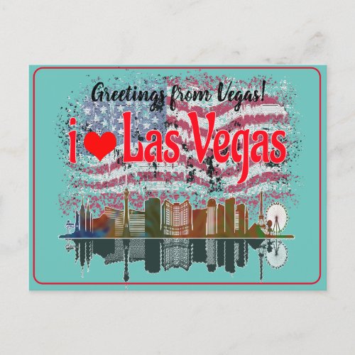 Greetings From Las Vegas Skyline American Flag Holiday Postcard