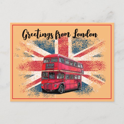 Greetings From London Red Bus Union Jack Souvenir Holiday Postcard