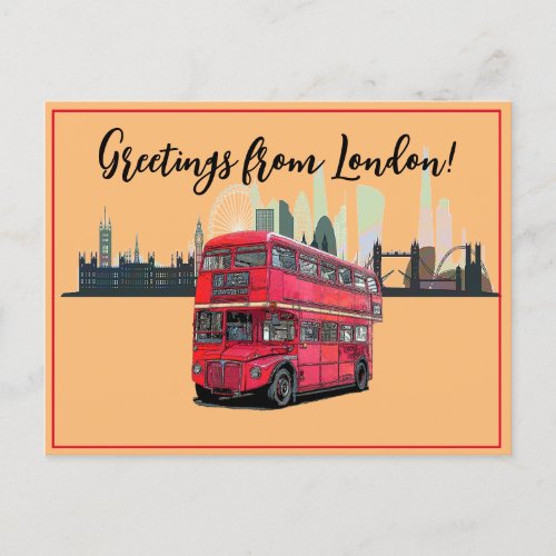 Greetings From London Skyscape Red Bus Souvenir Holiday Postcard