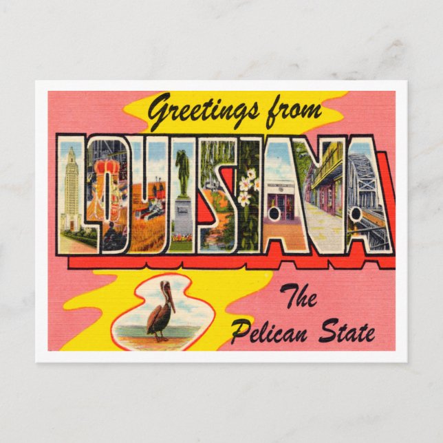 Greetings from Louisiana, The Pelican State Travel Postcard (Front)