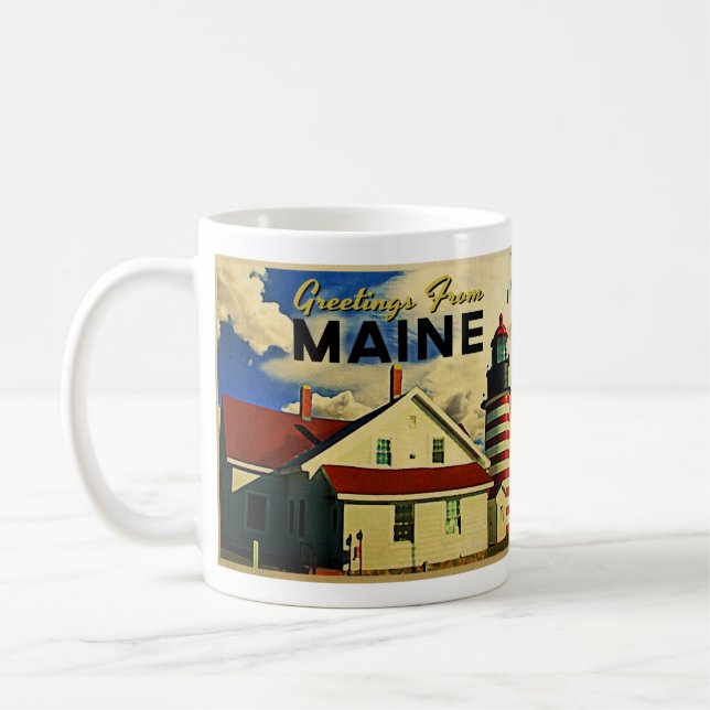 Greetings From Maine Lighthouse Coffee Mug (Left)