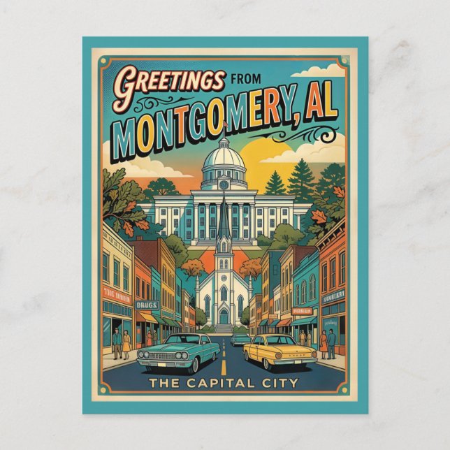 Greetings From Montgomery AL Retro Postcard (Front)