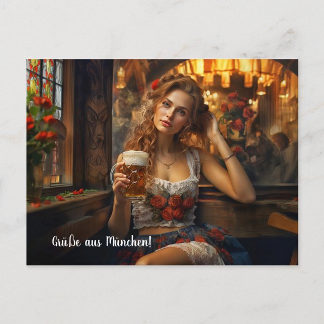 Greetings from Munich! beer tent. Dirndl Postcard (Front)