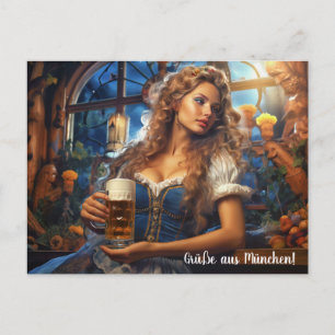 Greetings from Munich! Woman in dirndl with beer Postcard