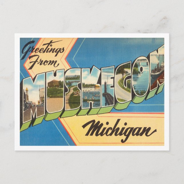Greetings from Muskegon, Michigan Vintage Travel Postcard (Front)