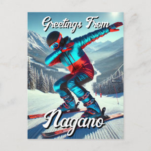 Greetings from Nagano Japan Dabbing Skier Postcard