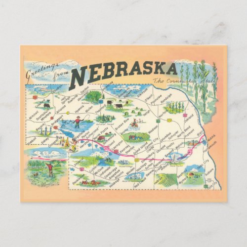Greetings from Nebraska vintage map Postcard