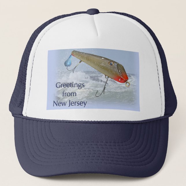 Greetings From New Jersey Fishing Lure Trucker Hat (Front)