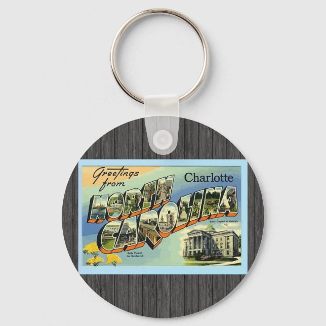 Greetings From North Carolina Charlotte, Vintage Keychain (Front)