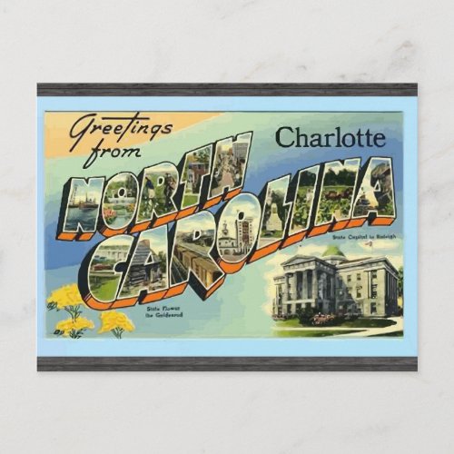 Greetings From North Carolina Charlotte Vintage Postcard