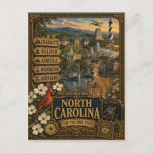 Greetings From North Carolina   Vintage Retro Art Postcard