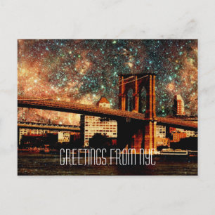 Greetings from NYC Starry Night Brooklyn Bridge Postcard