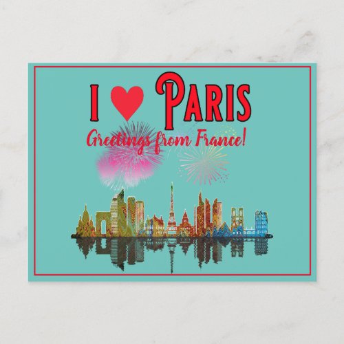 Greetings From Paris at Night Skyline Fireworks Holiday Postcard
