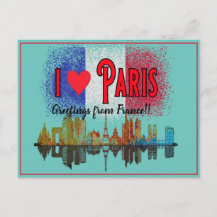 Greetings From Paris Skyline French Flag Souvenir Holiday Postcard