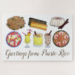 Greetings from Puerto Rico Carribean Island Foods Jigsaw Puzzle<br><div class="desc">Design features an original illustration of an assortment of classic Puerto Rican foods, including: arroz con gandules, pasteles, tembleque, bacalao, piña colada cocktail, coquito, arroz con dulce, and asopao. Ideal for anyone who loves the cuisine of Puerto Rico and the Caribbean. This design is also available on other products. Lots...</div>