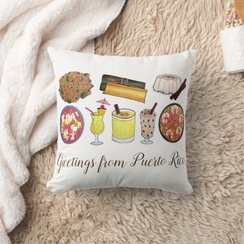 Greetings from Puerto Rico Carribean Island Foods Throw Pillow