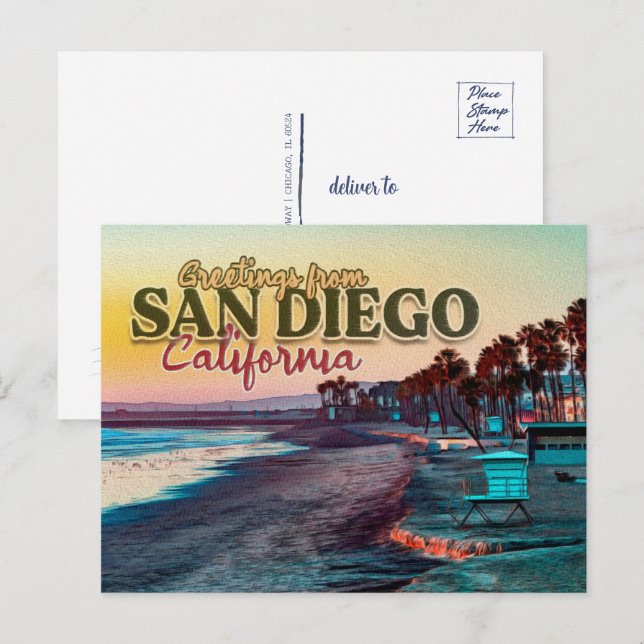 Greetings from San Diego Ca Watercolor Sunset 60s Postcard (Front/Back)