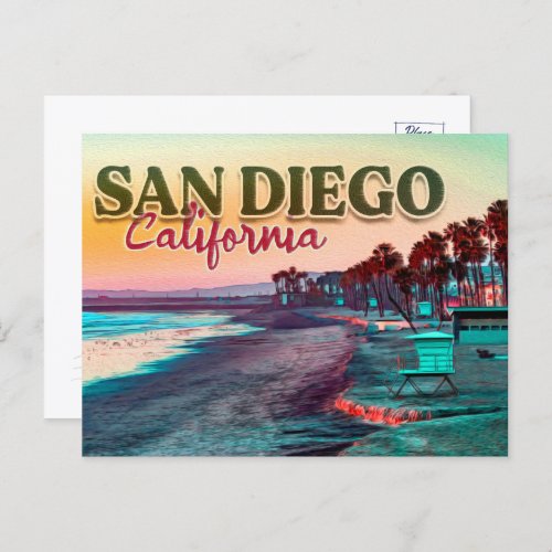 Greetings from San Diego Ca Watercolor Sunset 60s Postcard
