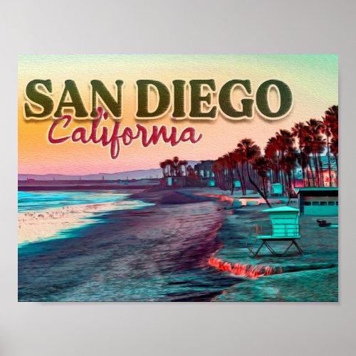 Greetings from San Diego Ca Watercolor Sunset 60s Poster