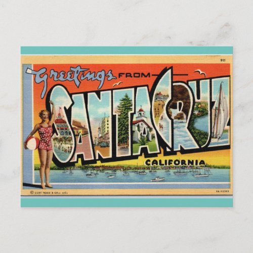 Greetings from Santa Cruz  California vintage art Postcard