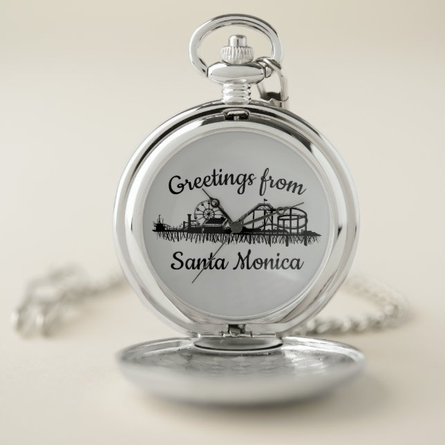 Greetings from Santa Monica California Beach Pier Pocket Watch (Inside)