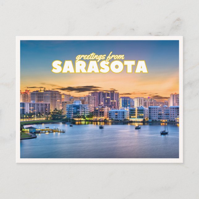 Greetings from Sarasota Florida Retro Downtown Postcard (Front)