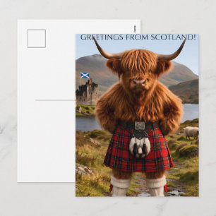 "Greetings From Scotland" Highland Cow Design Holiday Postcard