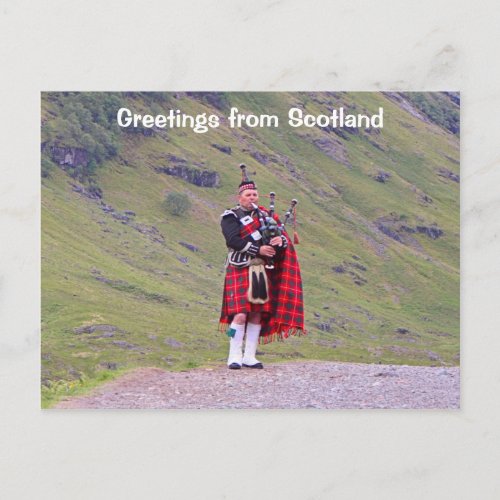 Greetings from Scotland Lone Scottish bagpiper Postcard