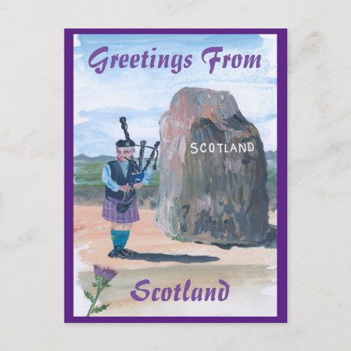 Greetings from Scotland Standing Stone Bagpiper Postcard