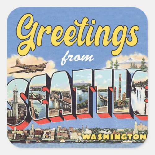 Greetings from Seattle Vintage Travel Square Sticker