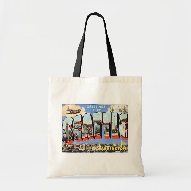 Greetings From Seattle, Washington Travel Tote Bag (Front)