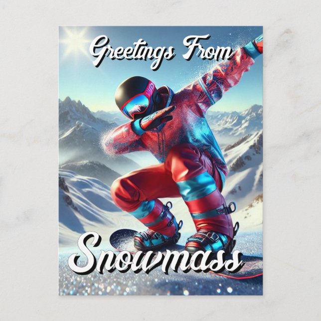 Greetings from Snowmass Dabbing Snowboarder Postcard (Front)