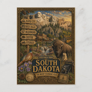 Greetings From South Dakota   Vintage Retro Art Postcard